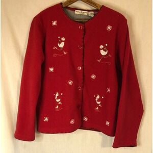 WOMENS VINTAGE STEPHANIE ROGERS CHRISTMAS SNOWMAN EMBROIDERED CARDIGAN SWEATER M